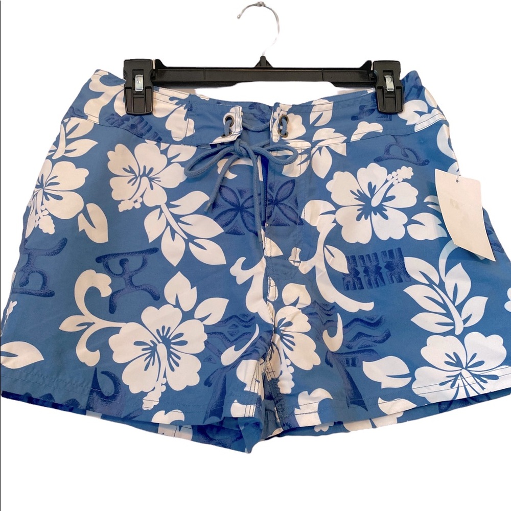 Lee Nahu Women’s Blue and Cream Tropical Print Swim Trunks